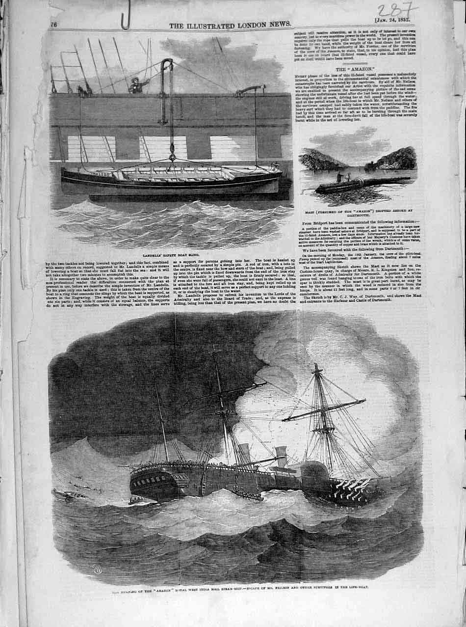 Original Old Antique Print 1852 Ships Amazon Life-Boat Landell Safety-Boat Sling