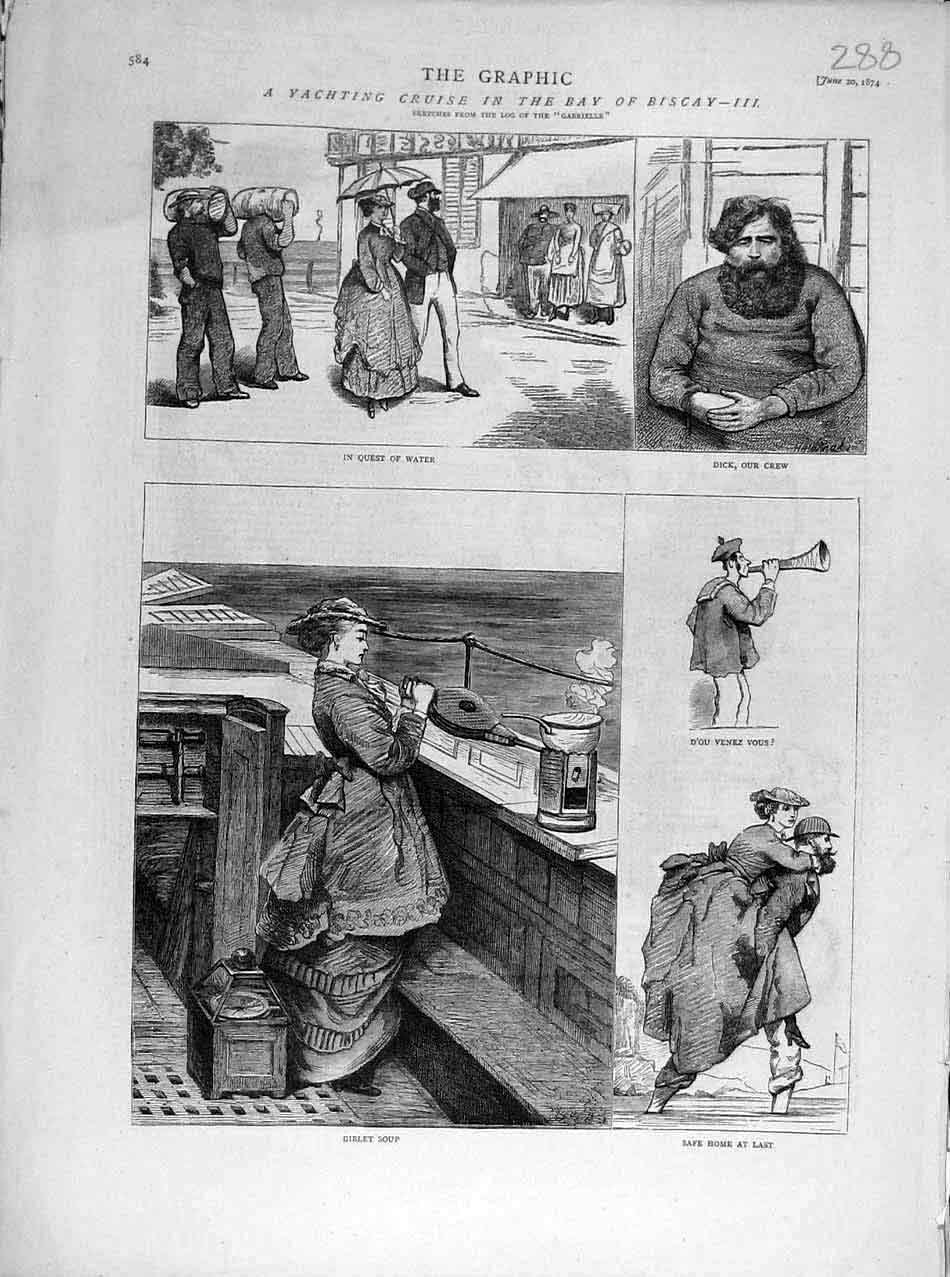 Original Old Antique Print 1874 Yacht Cruise Bay-Biscay Sketches Gabriell Crew