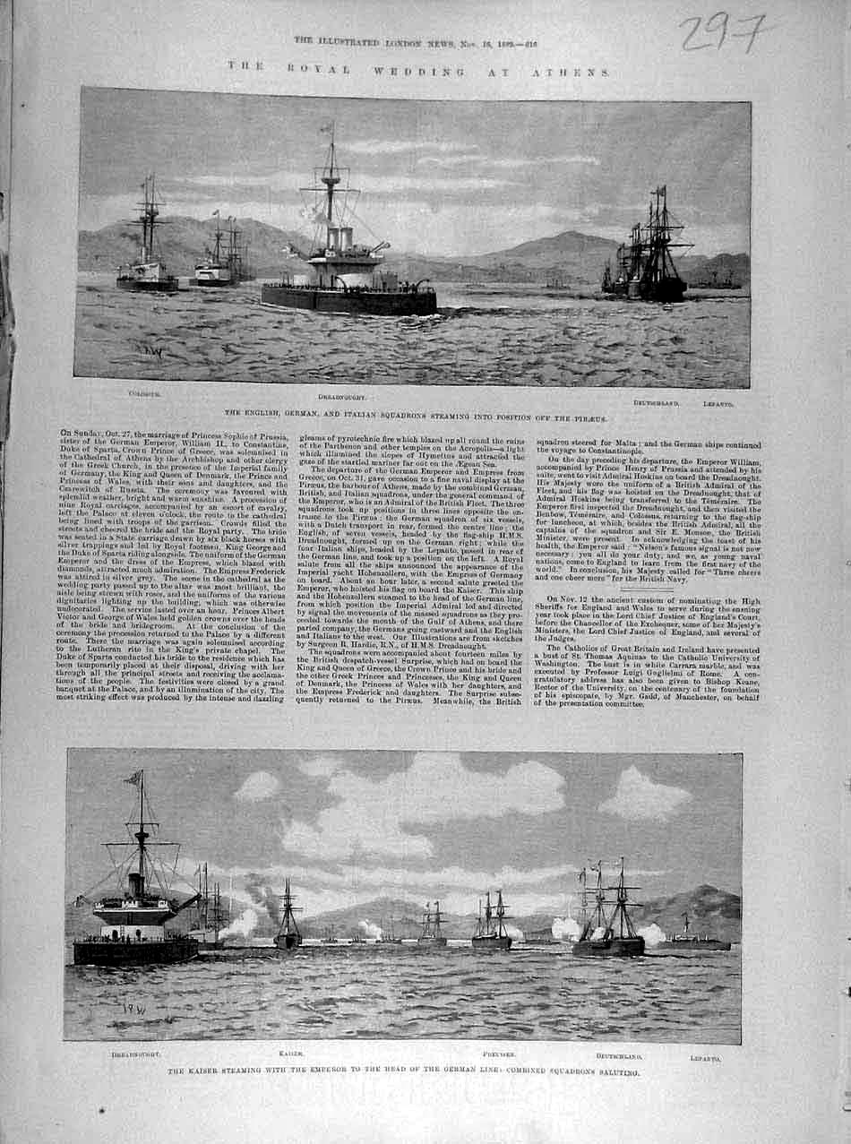 Old Antique Print 1889 Royal Wedding Athens Piraeus Squadron Fleet Ships 19th