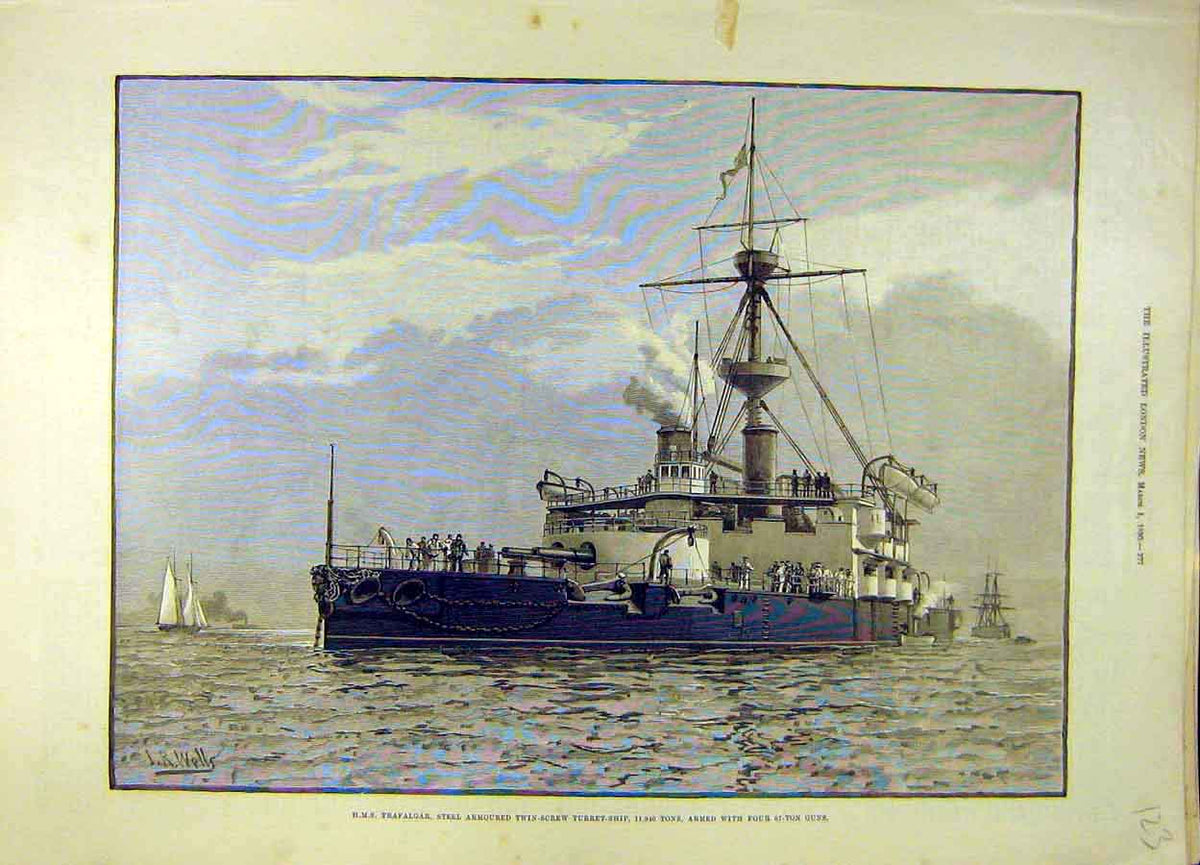 Original Old Antique Print 1890 Hms Trafalgar Steel Armoured Screw-Turret Ship