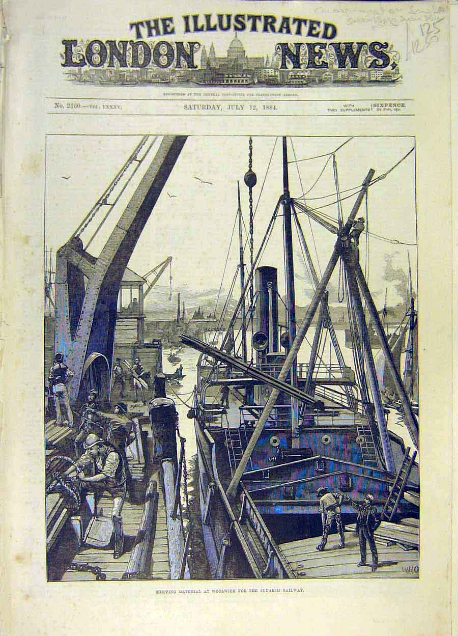 Original Old Antique Print 1884 Woolwich Shipping Material Souakim Railway Dock