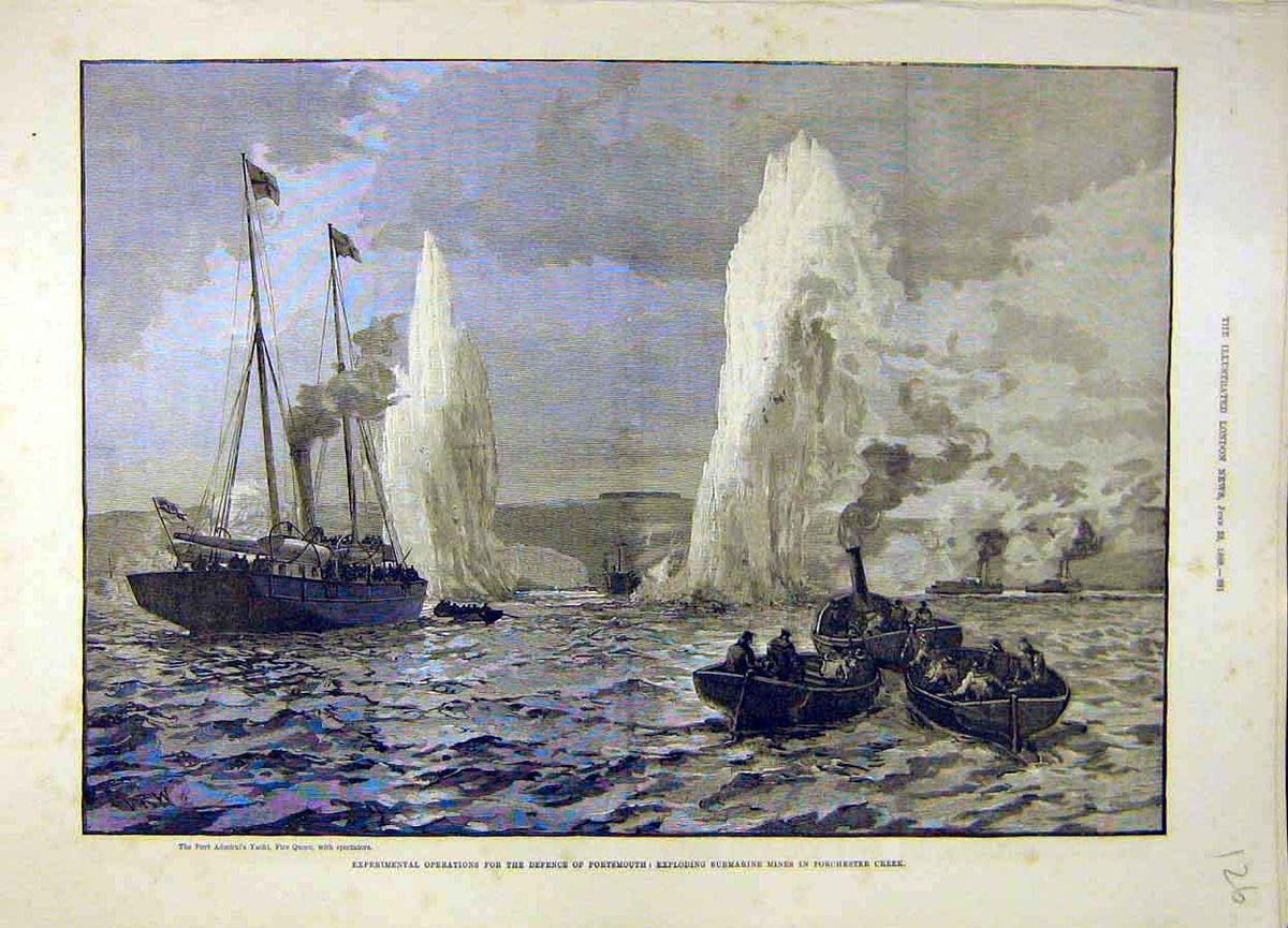Original Old Antique Print 1888 Submarine Mines Porchester Creek Portsmouth Navy