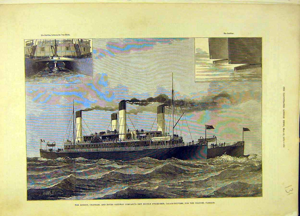 Original Old Antique Print 1878 London Chatham Dover Railway Company Steam-Ship