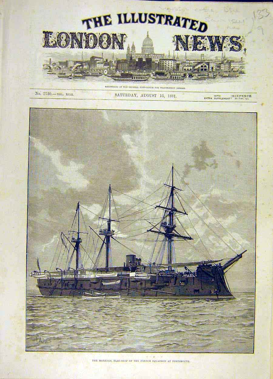 Original Old Antique Print 1891 Marengo Flag-Ship French Squadron Portsmouth