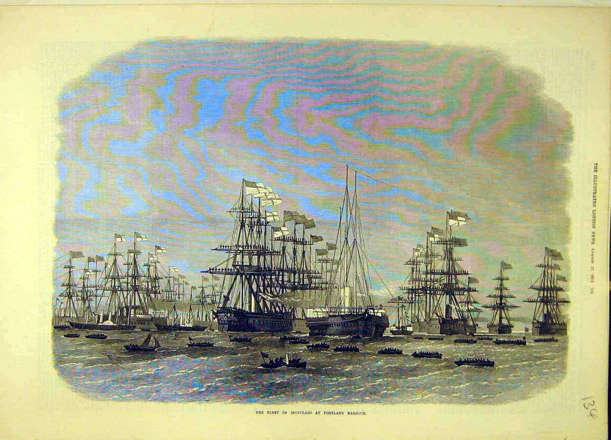 Original Old Antique Print 1872 Fleet Iron-Clad Portland Harbour Ships Navy 19th