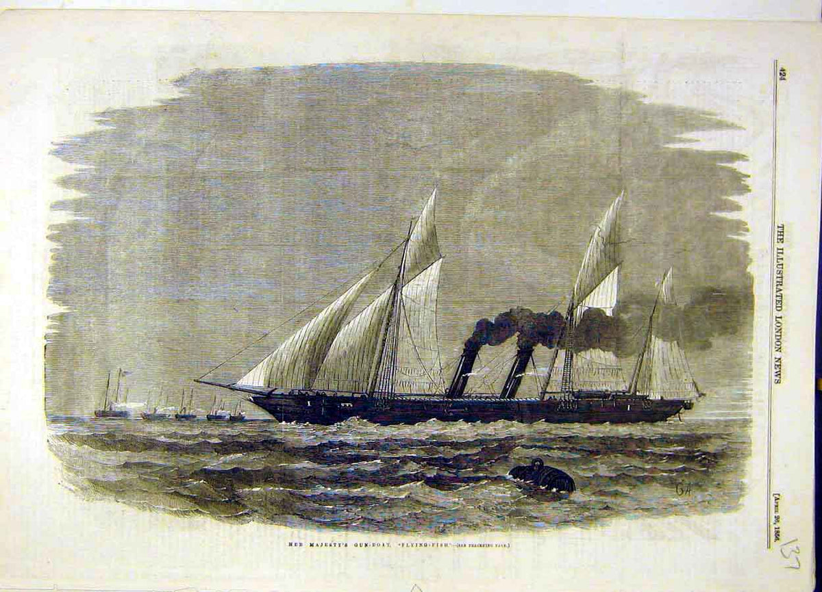 Original Old Antique Print 1856 Hm Gun-Boat Flying-Fish Ship Navy 19th