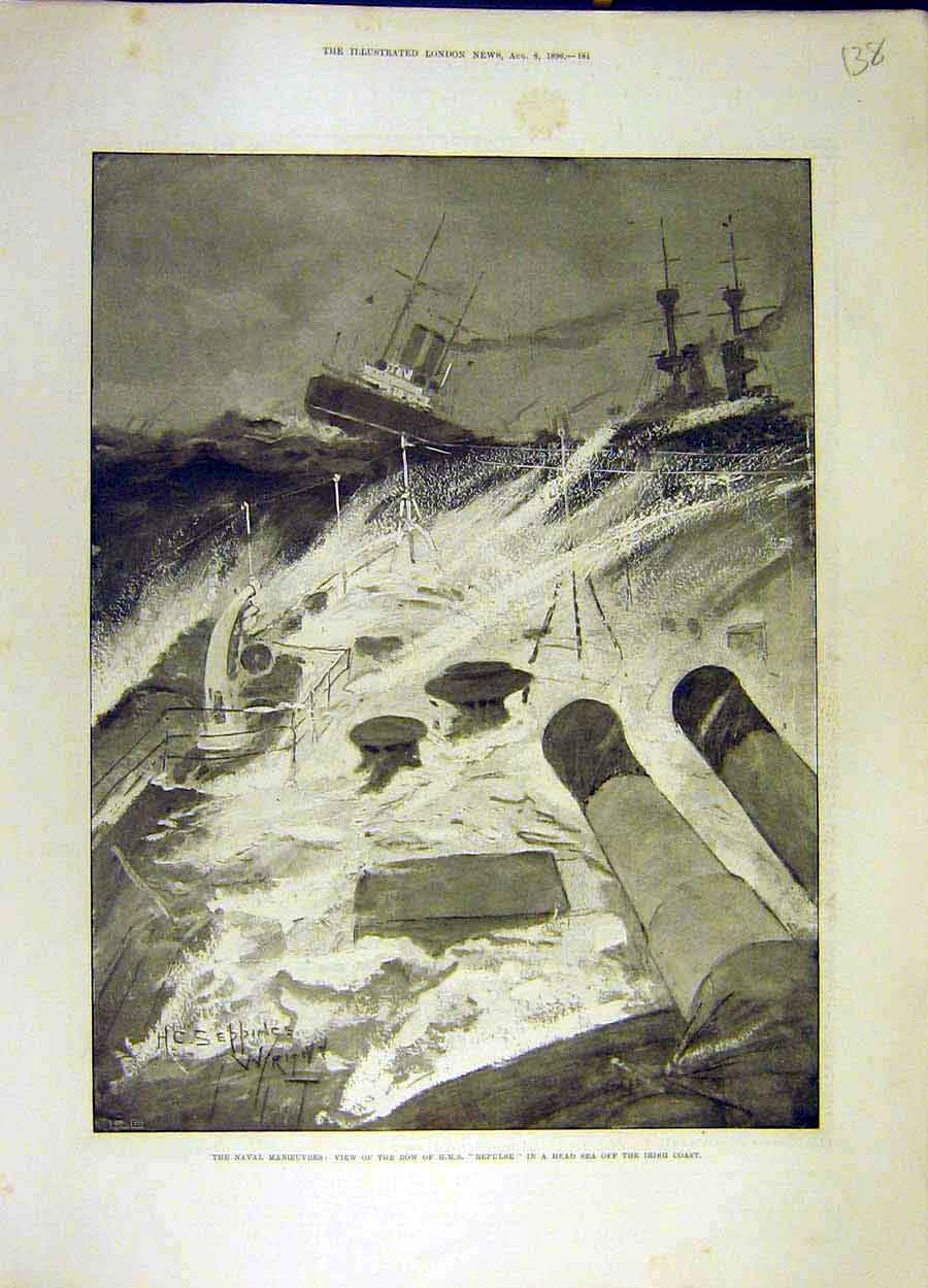 Original Old Antique Print 1896 Naval Manoeuvres Hms Repulse Irish Coast 19th