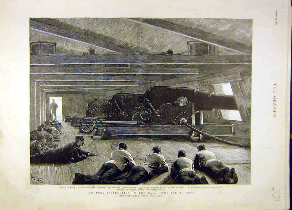 Original Old Antique Print 1894 Navy Gunnery Field Battle-Ship Crew Electric-Gun