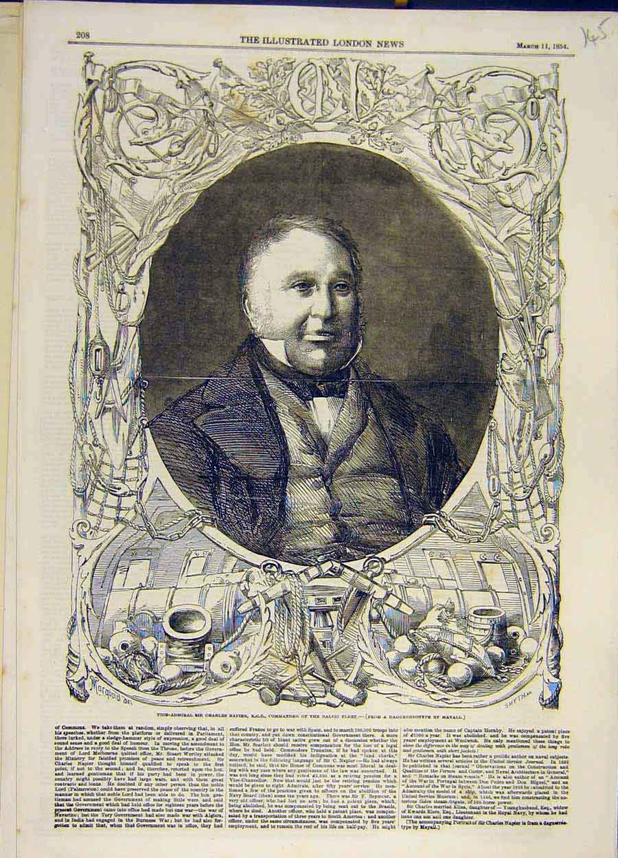 Original Old Antique Print 1854 Portrait Vice-Admiral Napier Baltic Fleet 19th