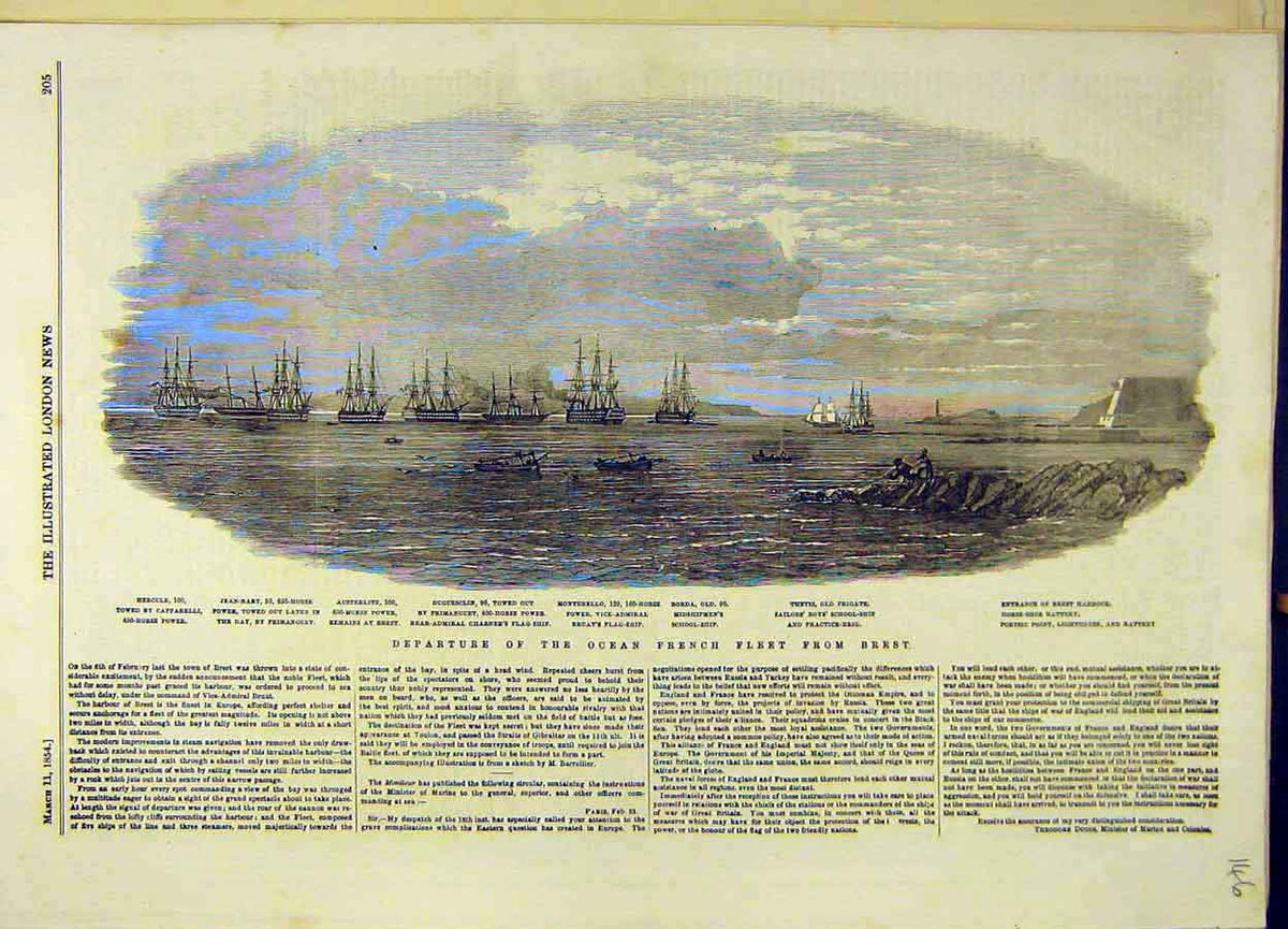 Original Old Antique Print 1854 Ocean French Fleet Brest Ships 19th