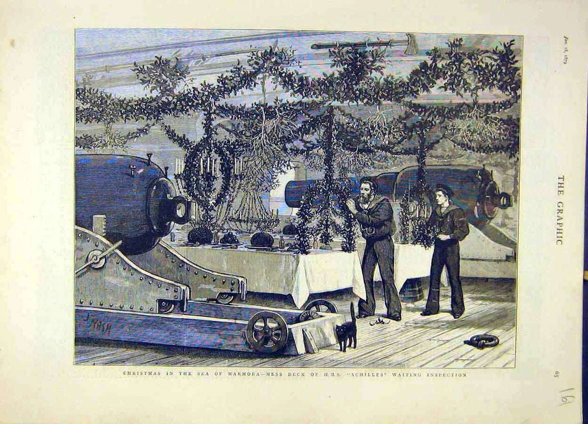 Old Antique Print 1879 Christmas Sea Marmora Hms Achilles Deck Inspection 19th