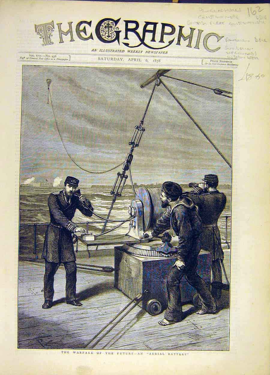Original Old Antique Print 1878 War-Fare Aerial Battery Naval Navy Ship 19th