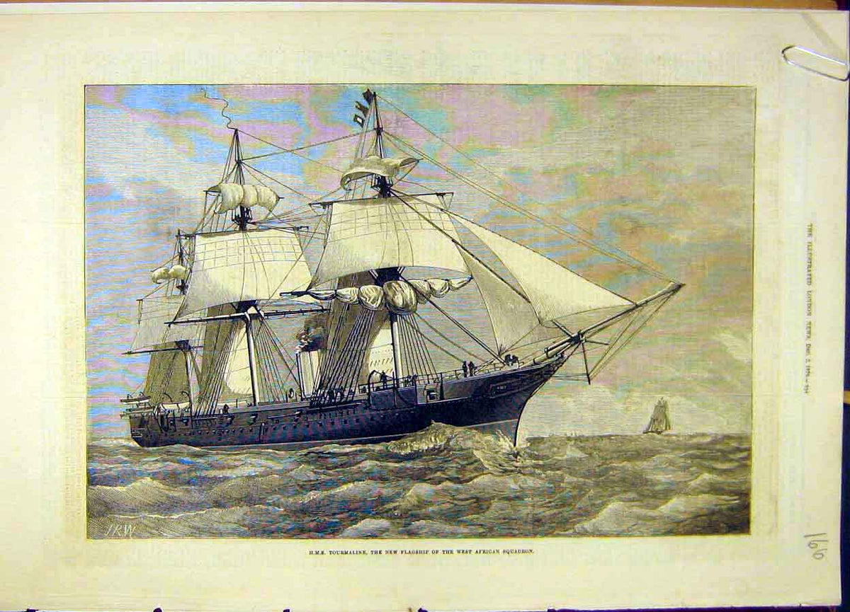 Original Old Antique Print 1876 Hms Tourmaline Flag-Ship West-African Squadron