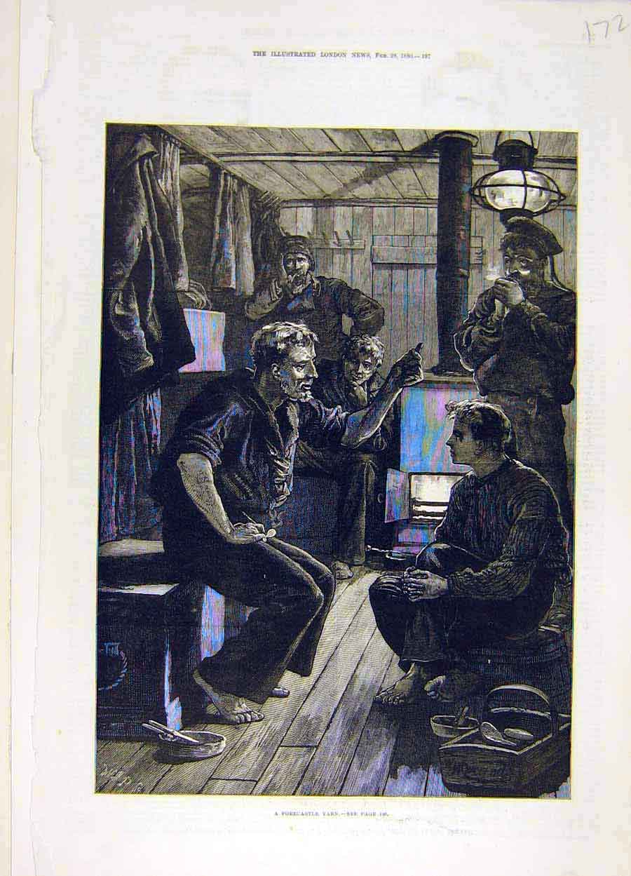 Original Old Antique Print 1880 Forecastle Yarn Ship Story Sailors Victorian