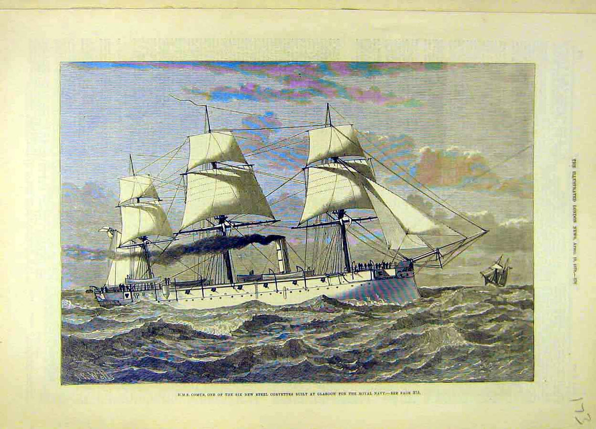 Original Old Antique Print 1879 Hms Comus Steel Corvette Glasgow Royal Navy 19th