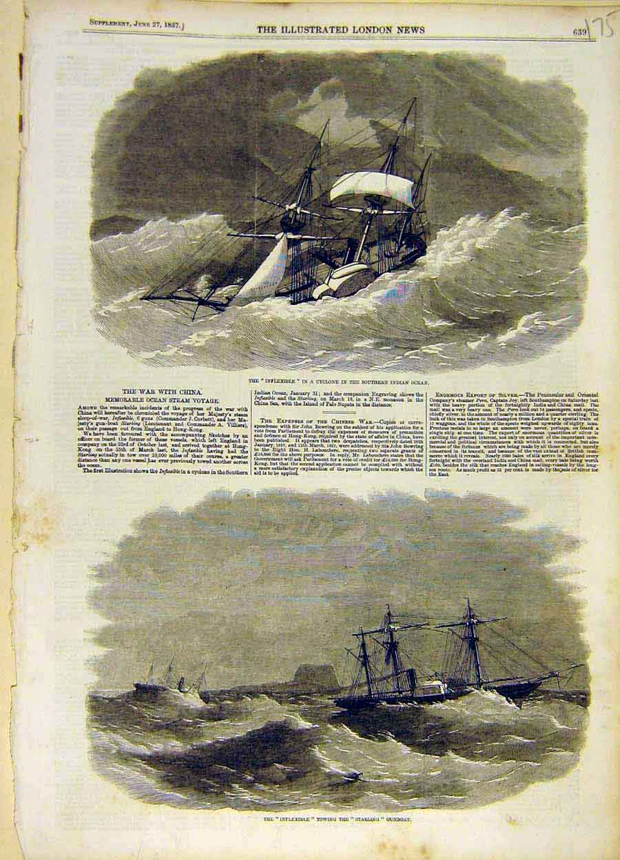 Old Antique Print 1857 Hms Inflexible Cyclone Starling Gun-Boat Ship Navy 19th
