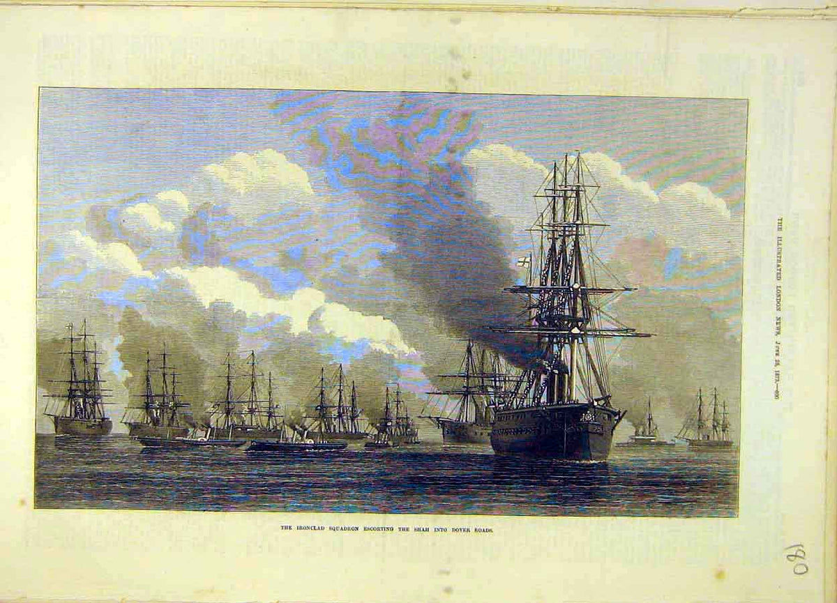 Original Old Antique Print 1873 Iron-Clad Squadron Shah Dover Roads Navy 19th
