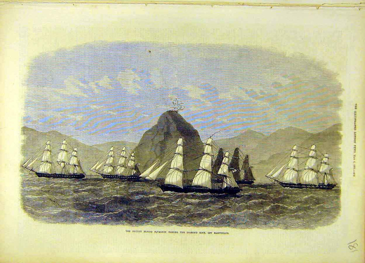 Original Old Antique Print 1871 British Flying Squadron Diamond Rock Martinique