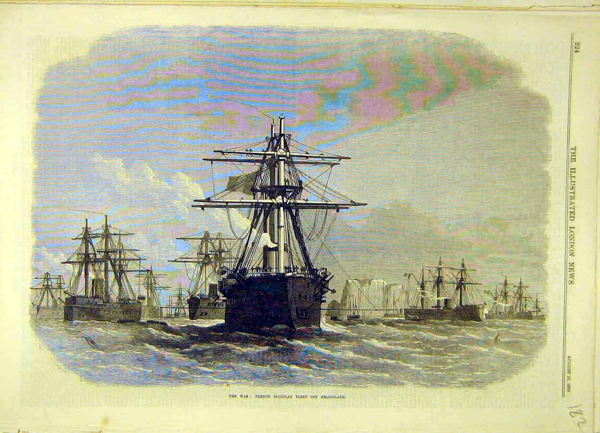 Original Old Antique Print 1870 War Iron-Clad Fleet Heligoland Naval Victorian