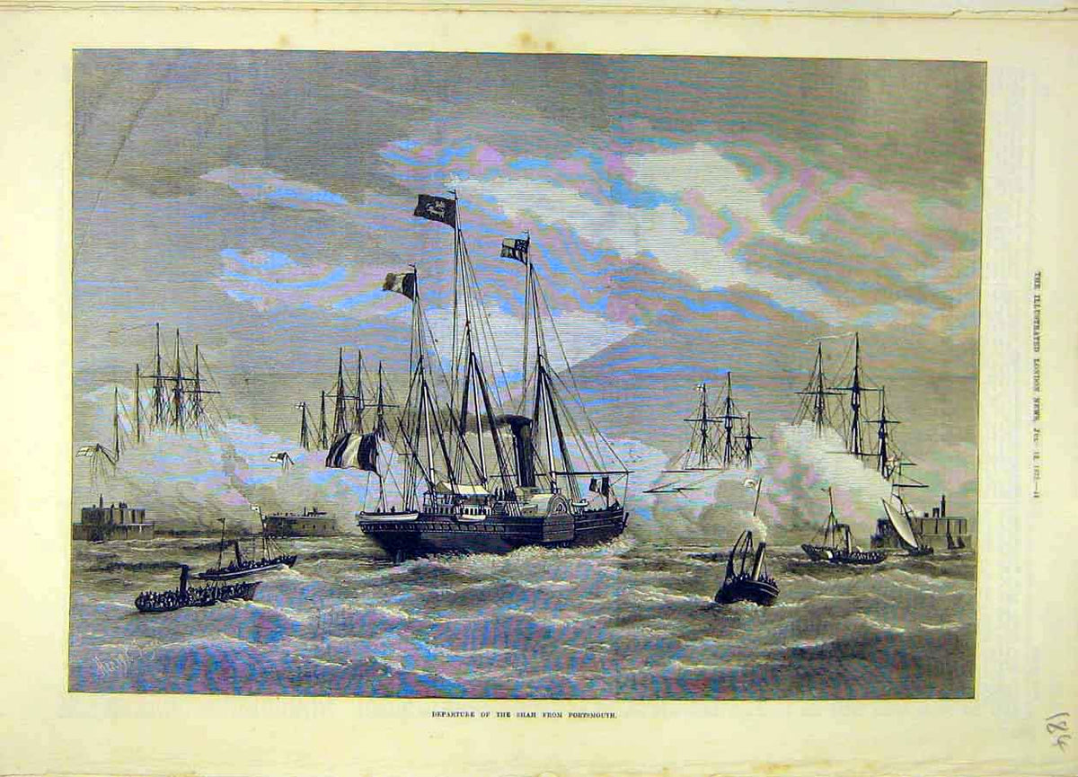 Original Old Antique Print 1873 Shah Portsmouth Ships Fleet Naval 19th