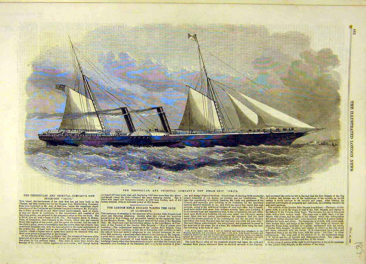 Original Old Antique Print 1859 Penninsular Oriental Company Steam-Ship Delta