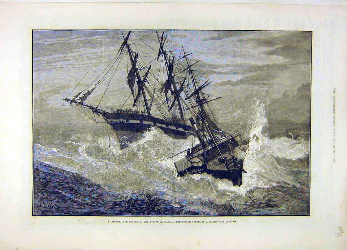 Original Old Antique Print 1881 Channel Tug Rescue Distressed Vessel Ship Sea