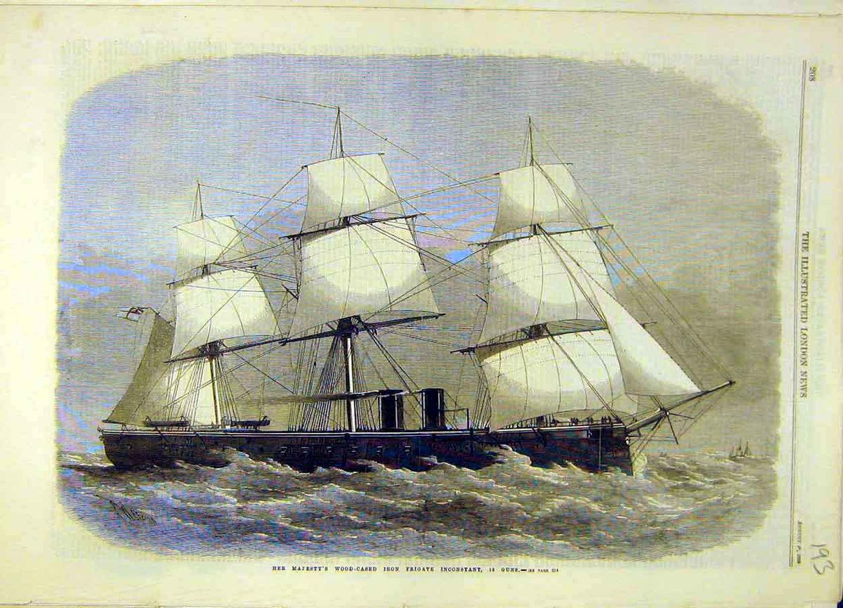 Original Old Antique Print 1869 Wood-Cased Iron Frigate Inconstant Guns Ship