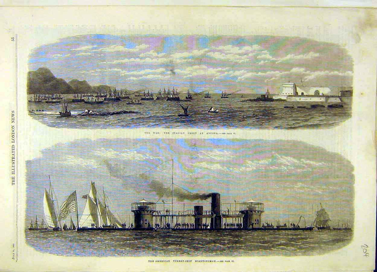 Old Antique Print 1866 American Turret-Ship Miantonomah War Italian Fleet 19th