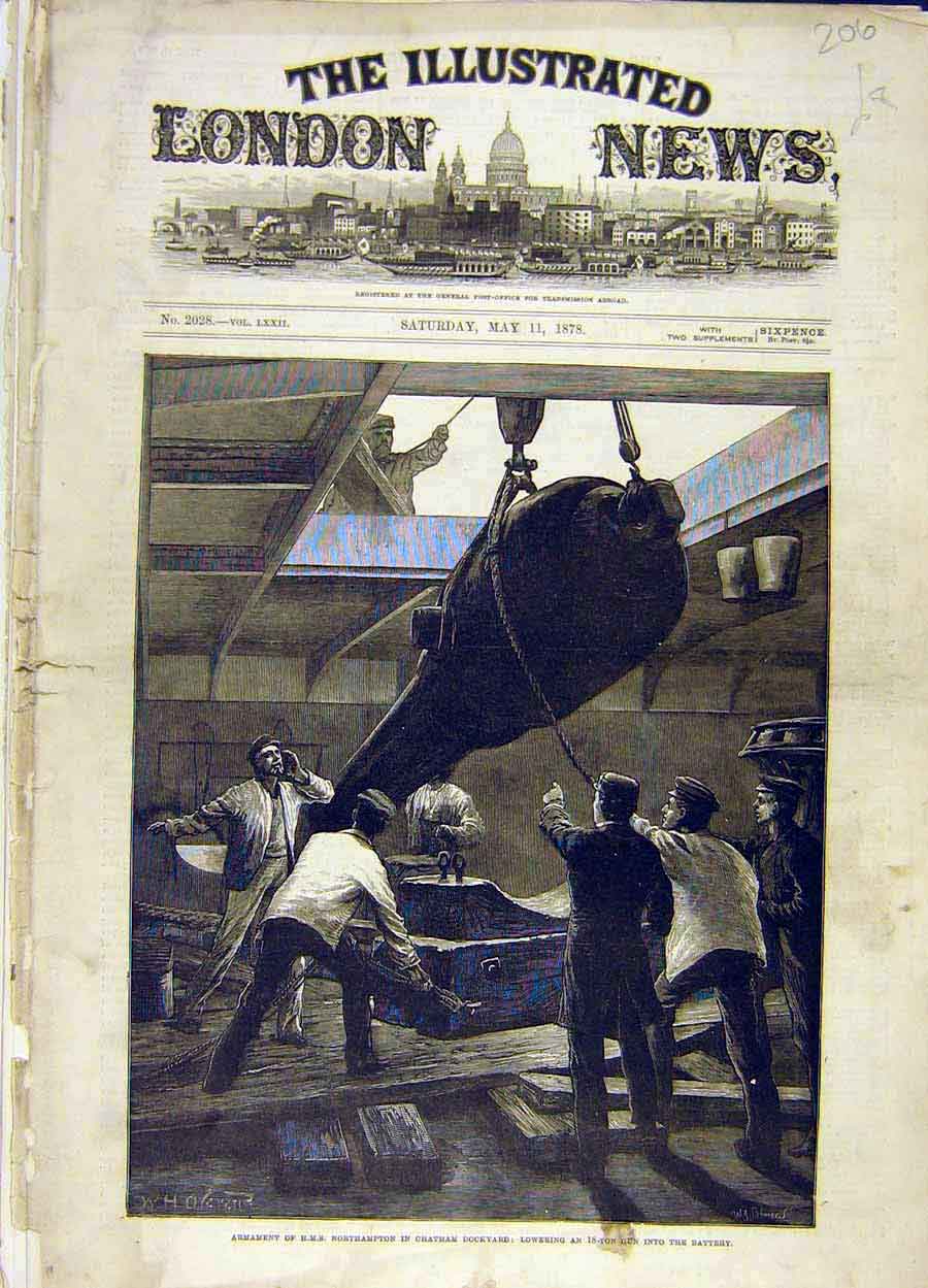 Original Old Antique Print 1878 Hms Northampton Armament Chatham Dockyard Ship