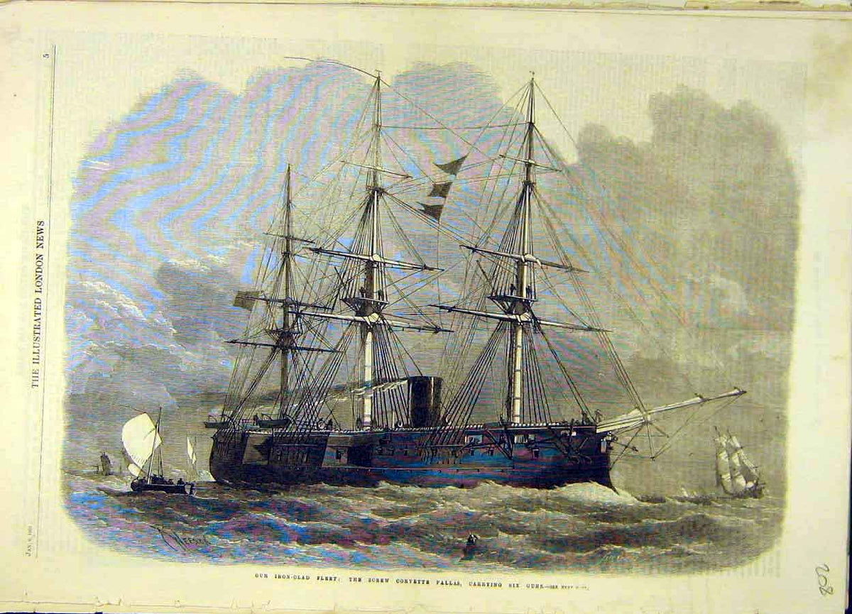 Original Old Antique Print 1866 Iron-Clad Fleet Screw-Corvette Pallas Gun-Ship