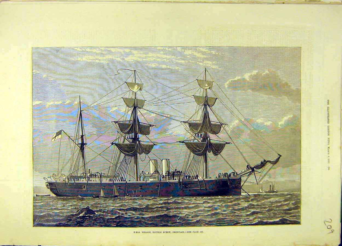 Original Old Antique Print 1880 Hms Nelson Double-Screw Iron-Clad Ship Naval