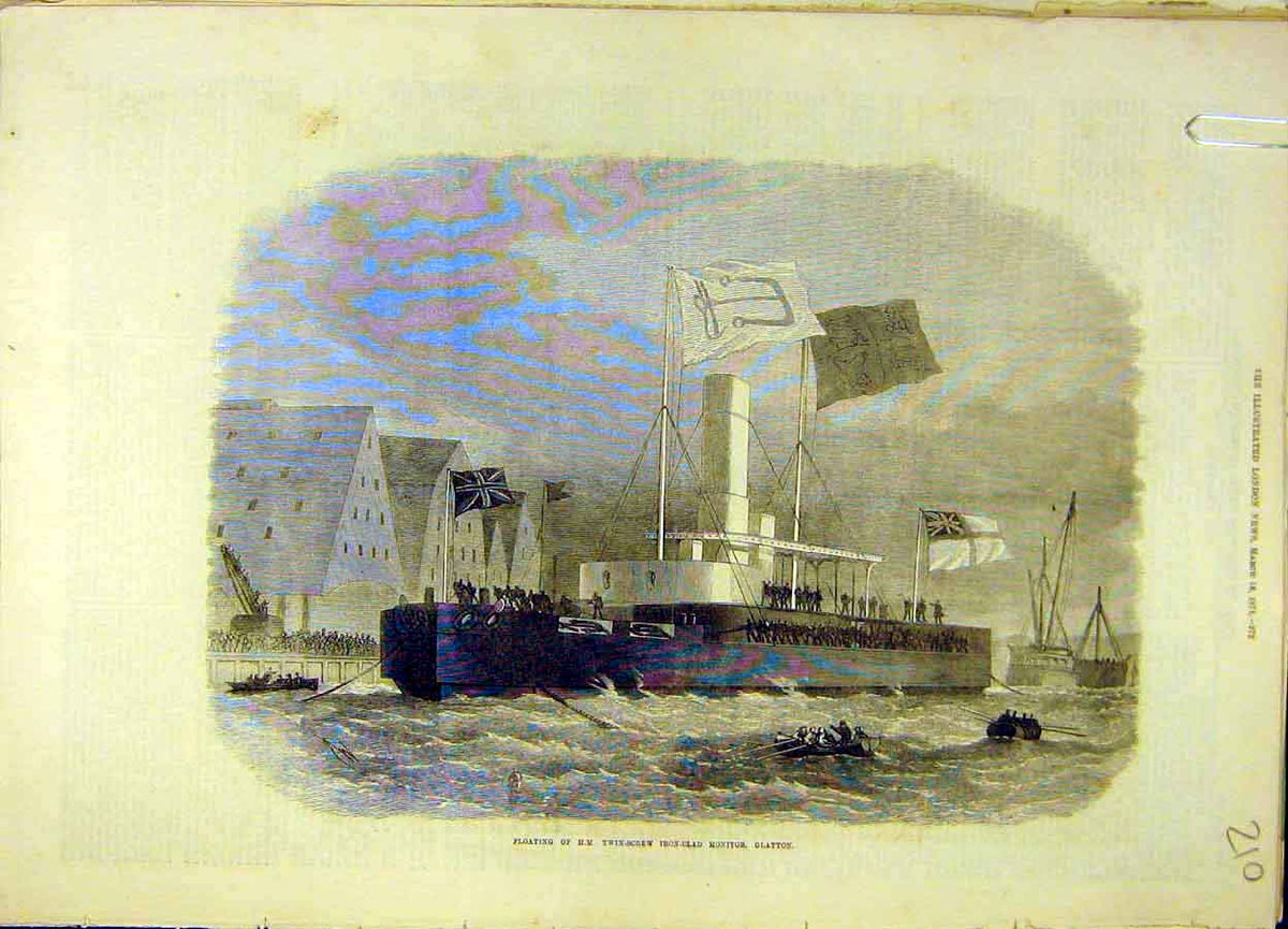 Original Old Antique Print 1871 Hm Twin-Screw Iron-Clad Monitor Glatton Ship