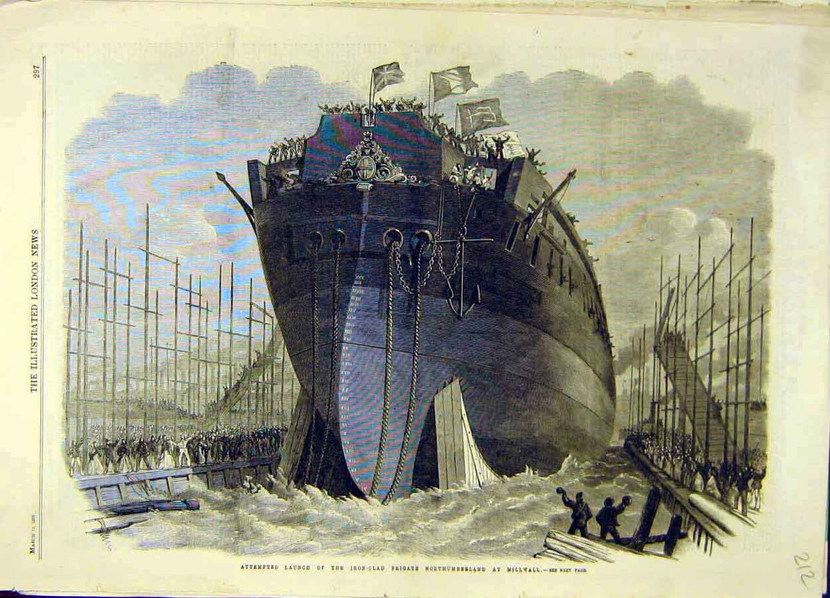 Original Old Antique Print 1866 Iron-Clad Launch Frigate Millwall Northumberland