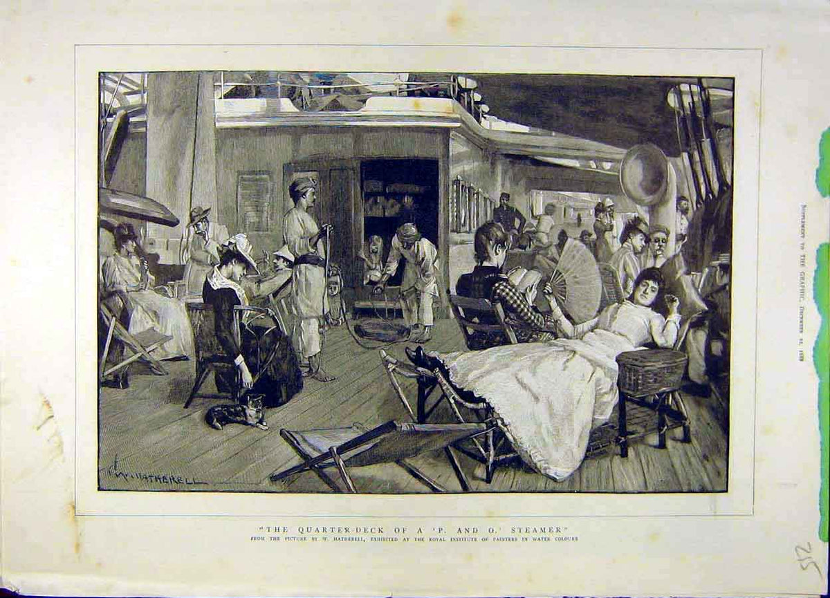 Old Antique Print 1888 Quarter-Deck P And O Steamer People Ship Hatherell 19th