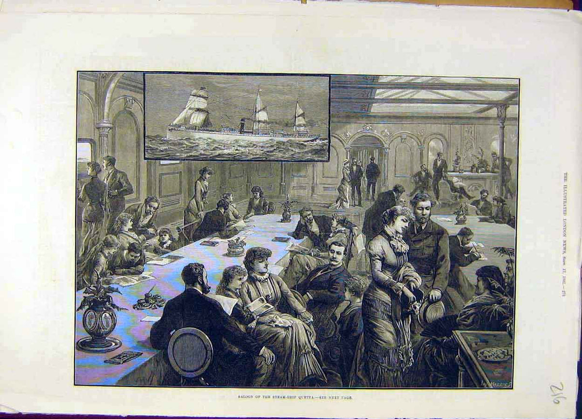 Original Old Antique Print 1881 Saloon Steam-Ship Quetta People 19th