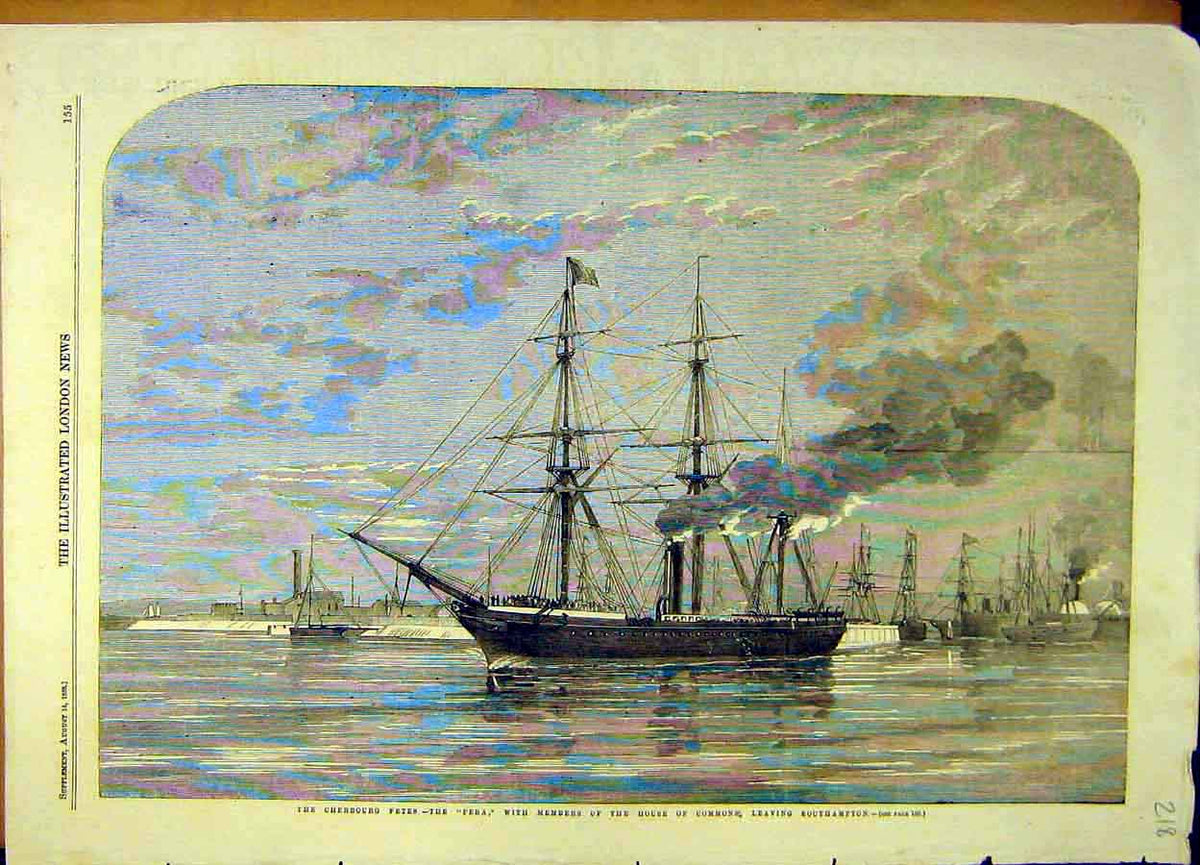 Original Old Antique Print 1858 Cherbourg Fete Pera House Commons 19th