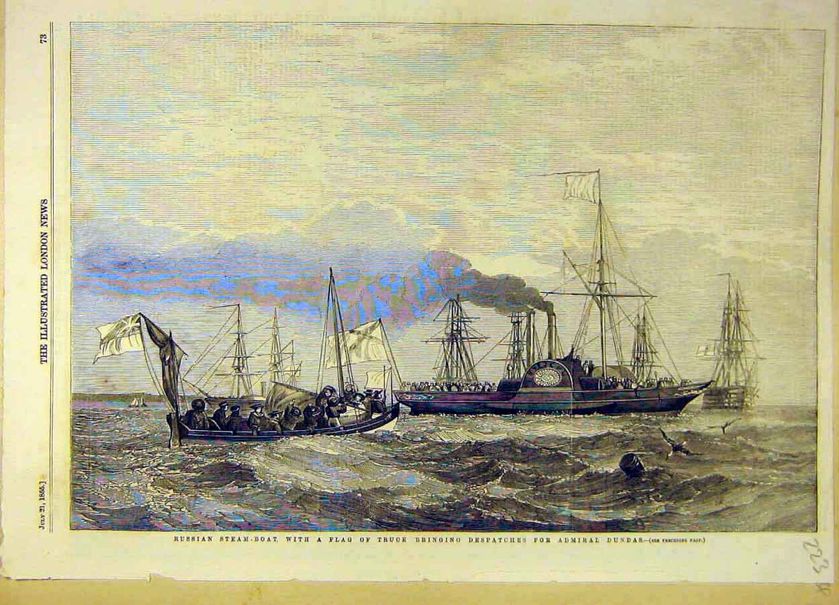 Original Old Antique Print 1855 Russian Steam-Boat Flag Truce Admiral Dundas