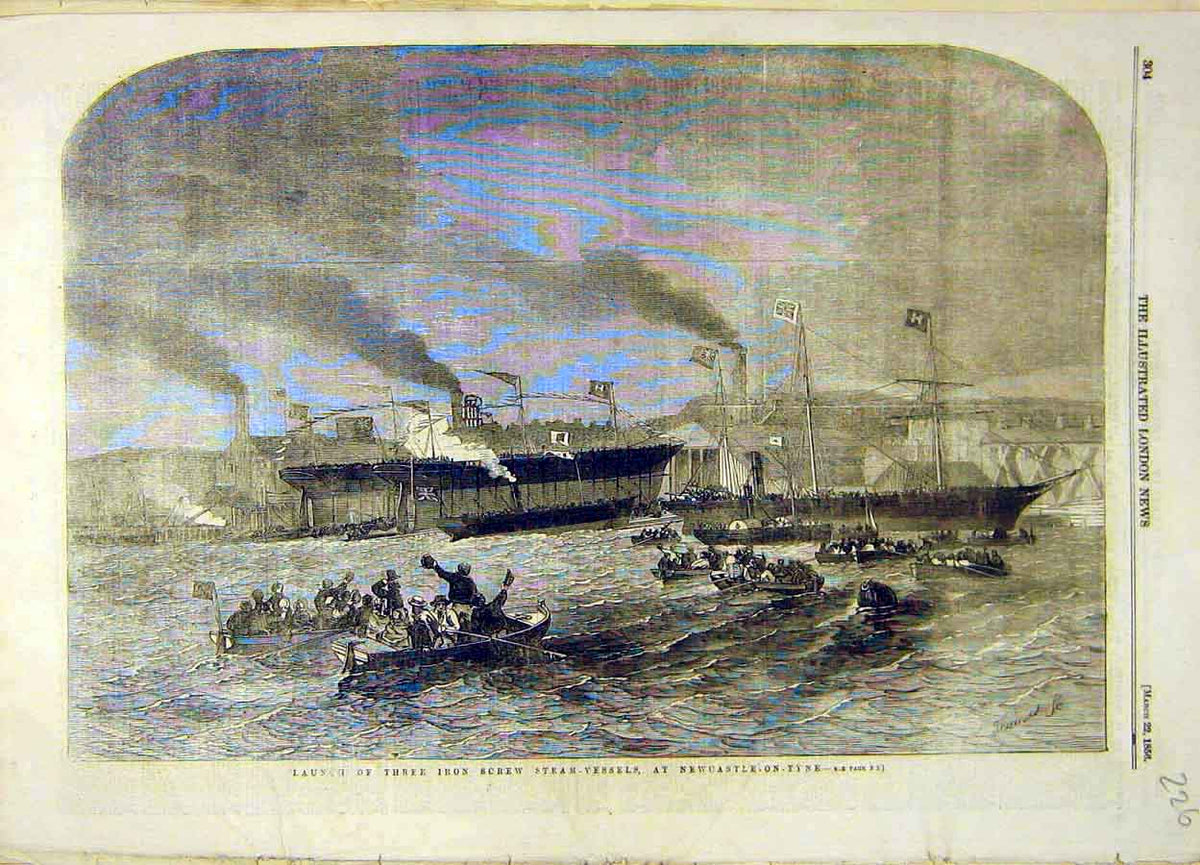 Old Antique Print 1856 Iron-Screw Steam-Vessels Newcastle-Upon-Tyne Ship 19th
