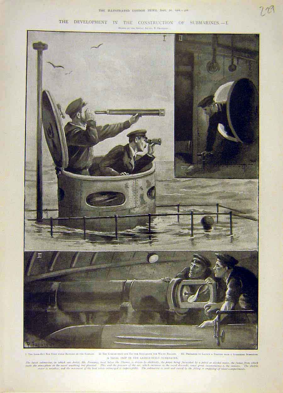 Original Old Antique Print 1902 Submarines Trial Construction Naval 20th Century