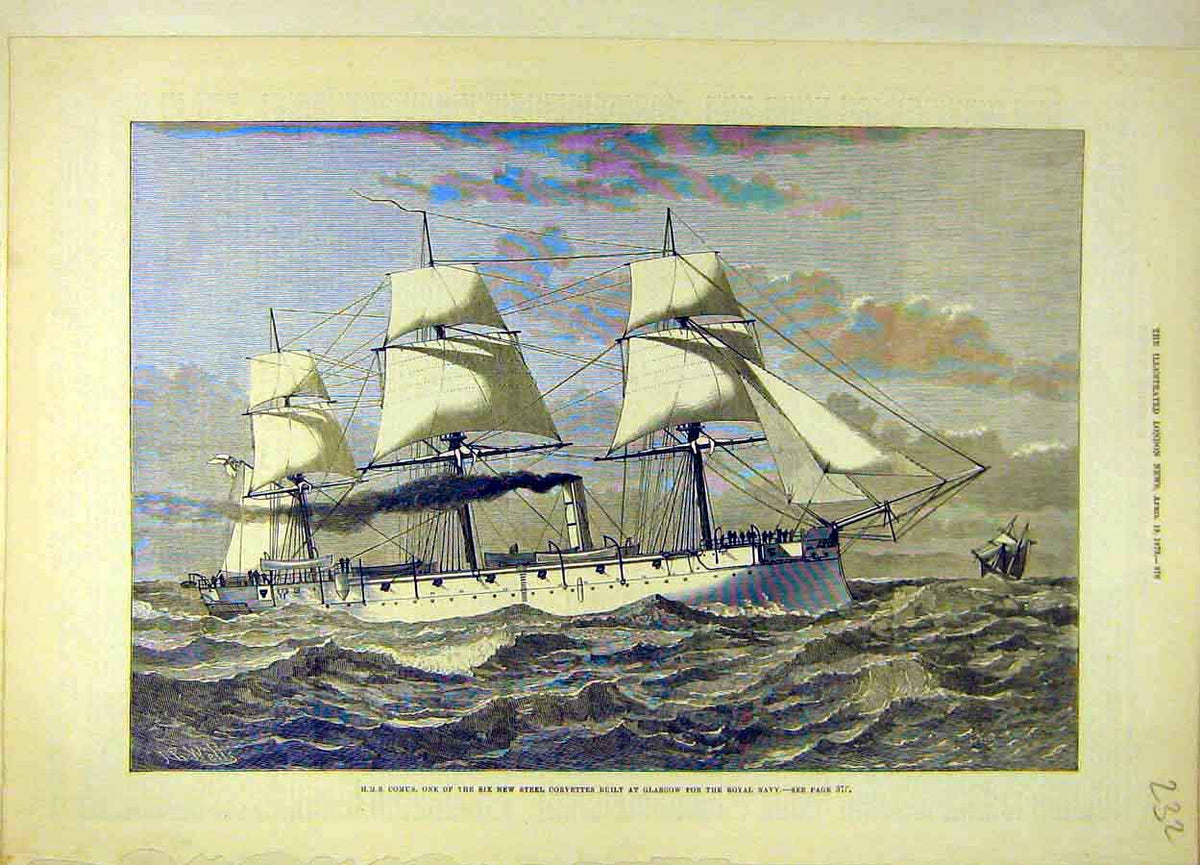 Original Old Antique Print 1879 Hms Comus Steel-Corvettes Glasgow Royal Navy