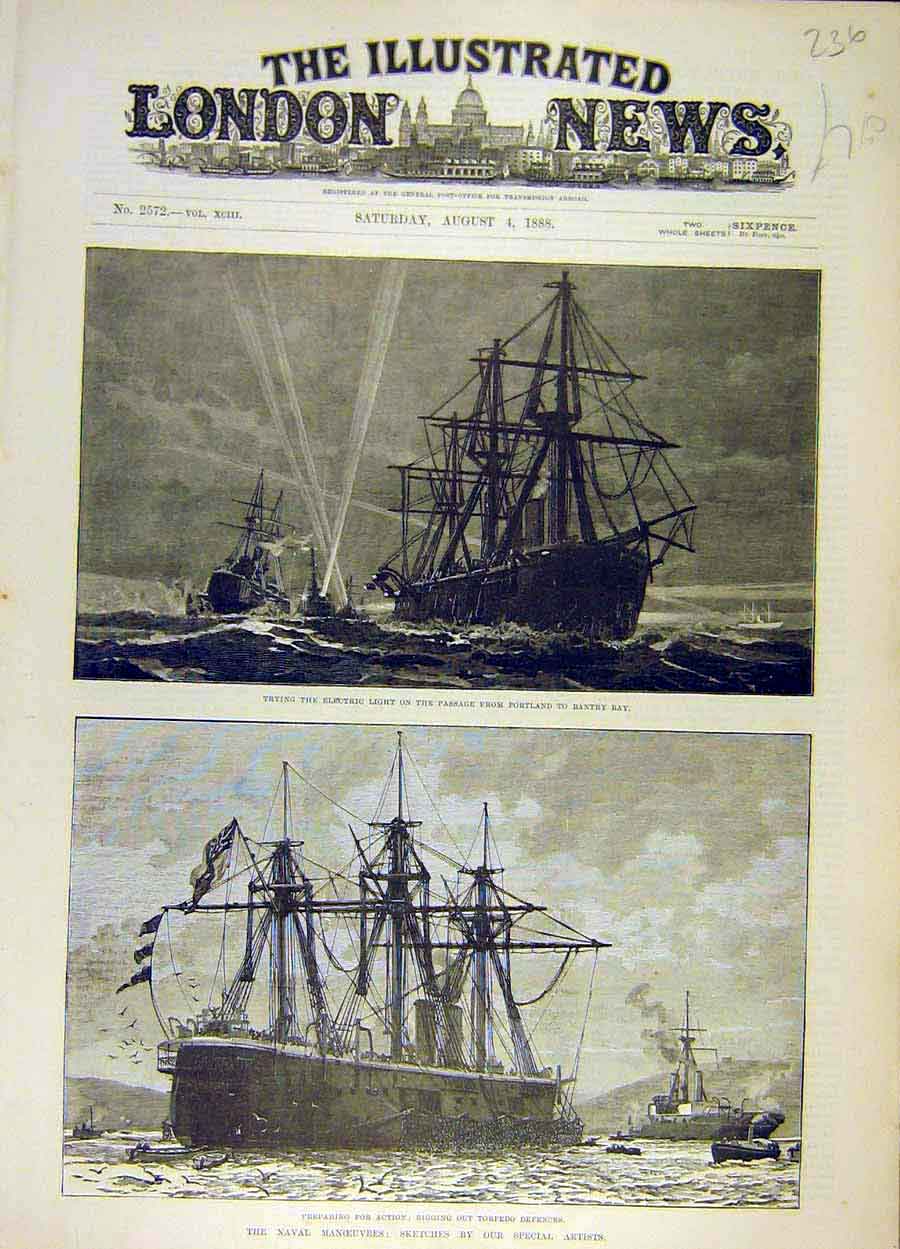 Old Antique Print 1888 Electric Light Bantry Bay Naval Manoeuvres Torpedo 19th