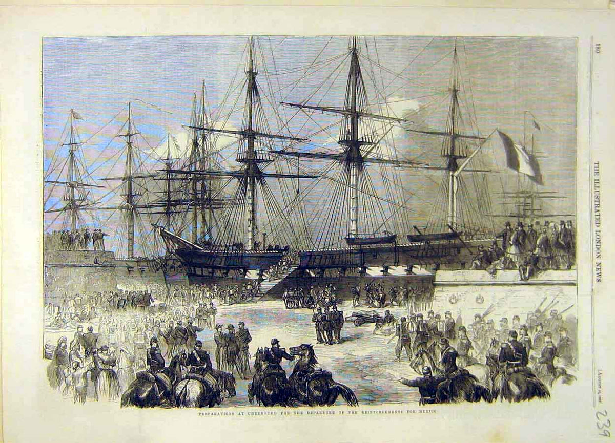 Original Old Antique Print 1862 Cherbourg Mexico Reinforcements Military 19th