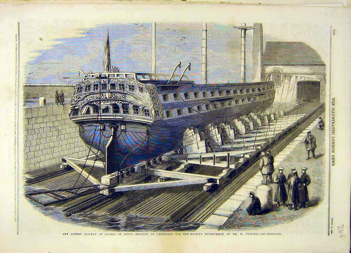 Original Old Antique Print 1859 Patent Slipway Cronstadt Russian Grissell 19th