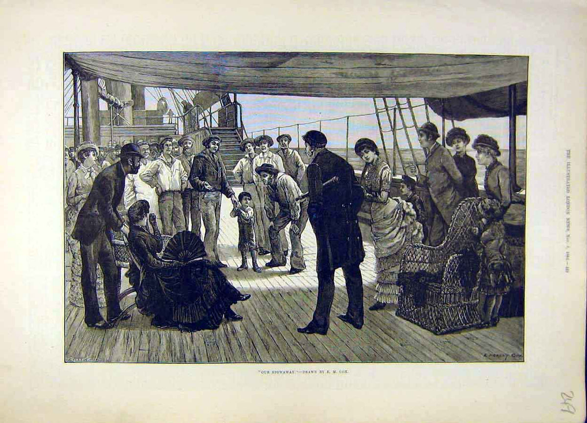 Original Old Antique Print 1884 Stowaway Cox Fine Art Boy Child Ship People 19th