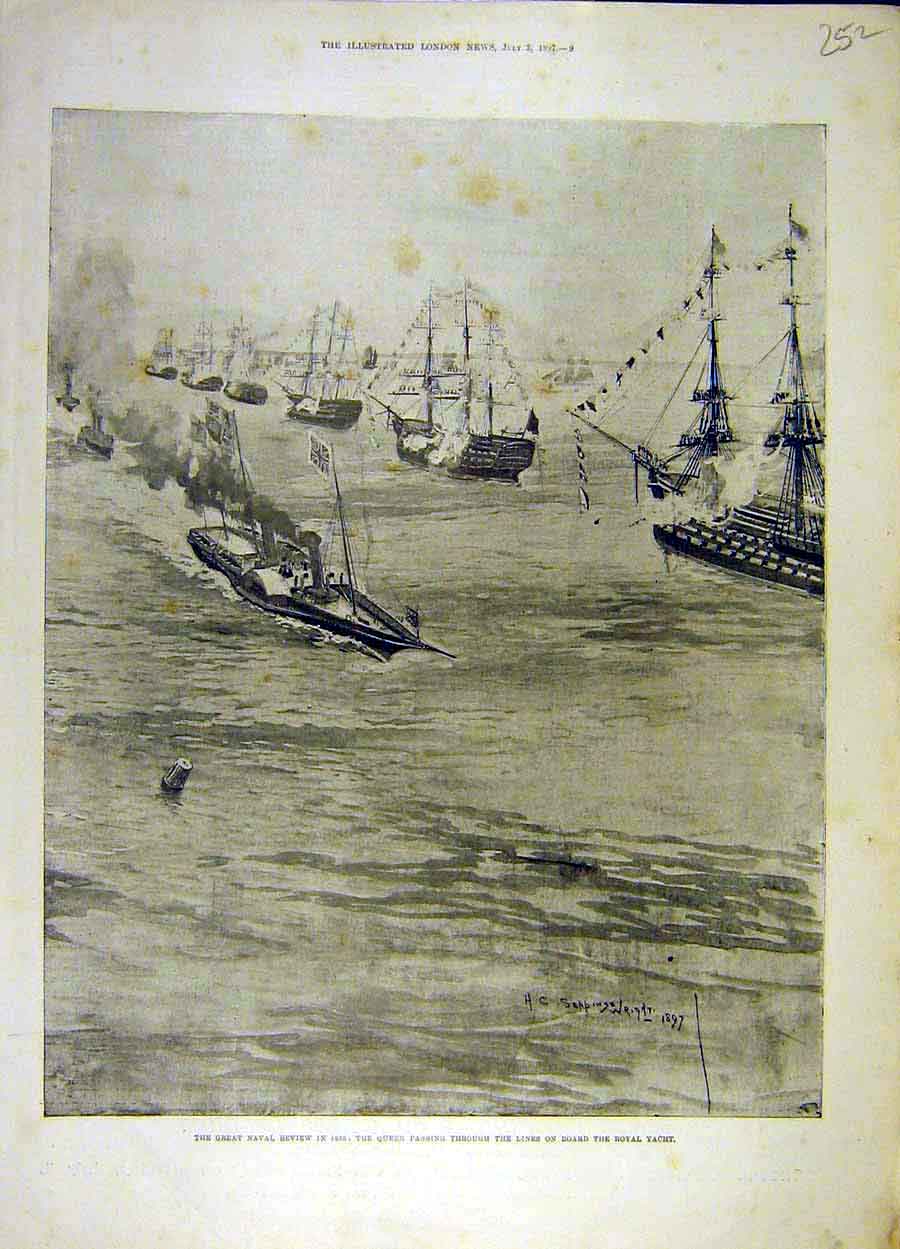 Original Old Antique Print 1897 Naval Review Queen Royal Yacht Squadron 19th