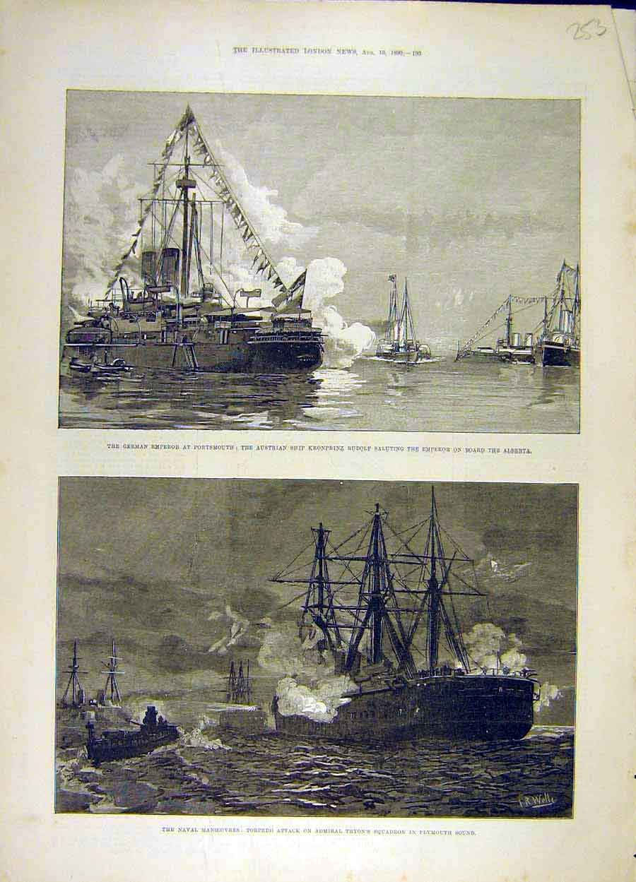 Original Old Antique Print 1890 German Emperor Portsmouth Alberta Tyron Torpedo