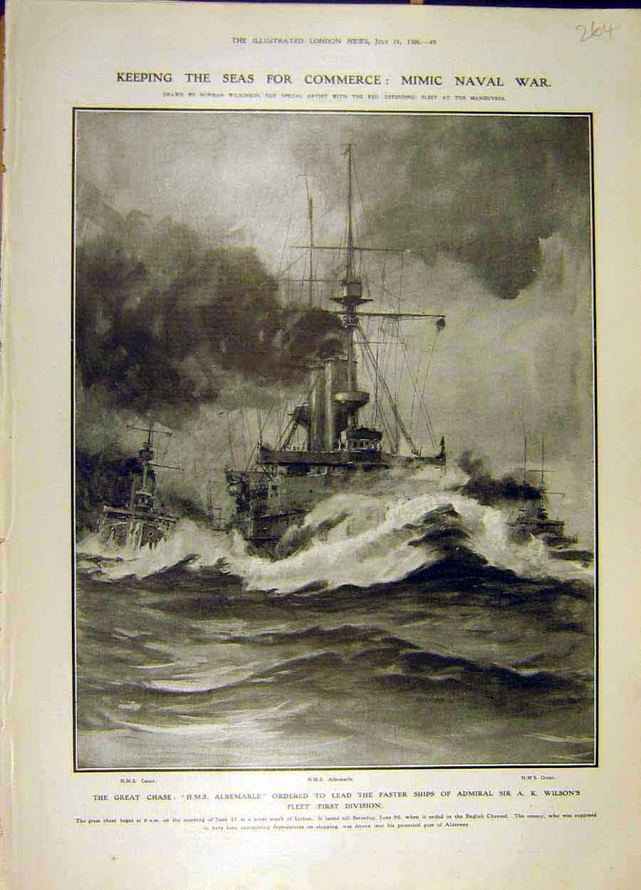Original Old Antique Print 1906 Naval War Hms Albemarle Ocean Caesar Ship 20th