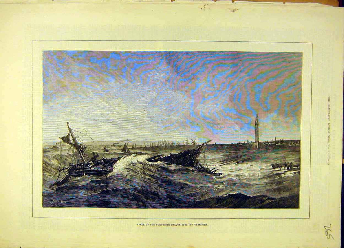 Original Old Antique Print 1877 Wreck Norwegian Barque Suez Yarmouth Victorian