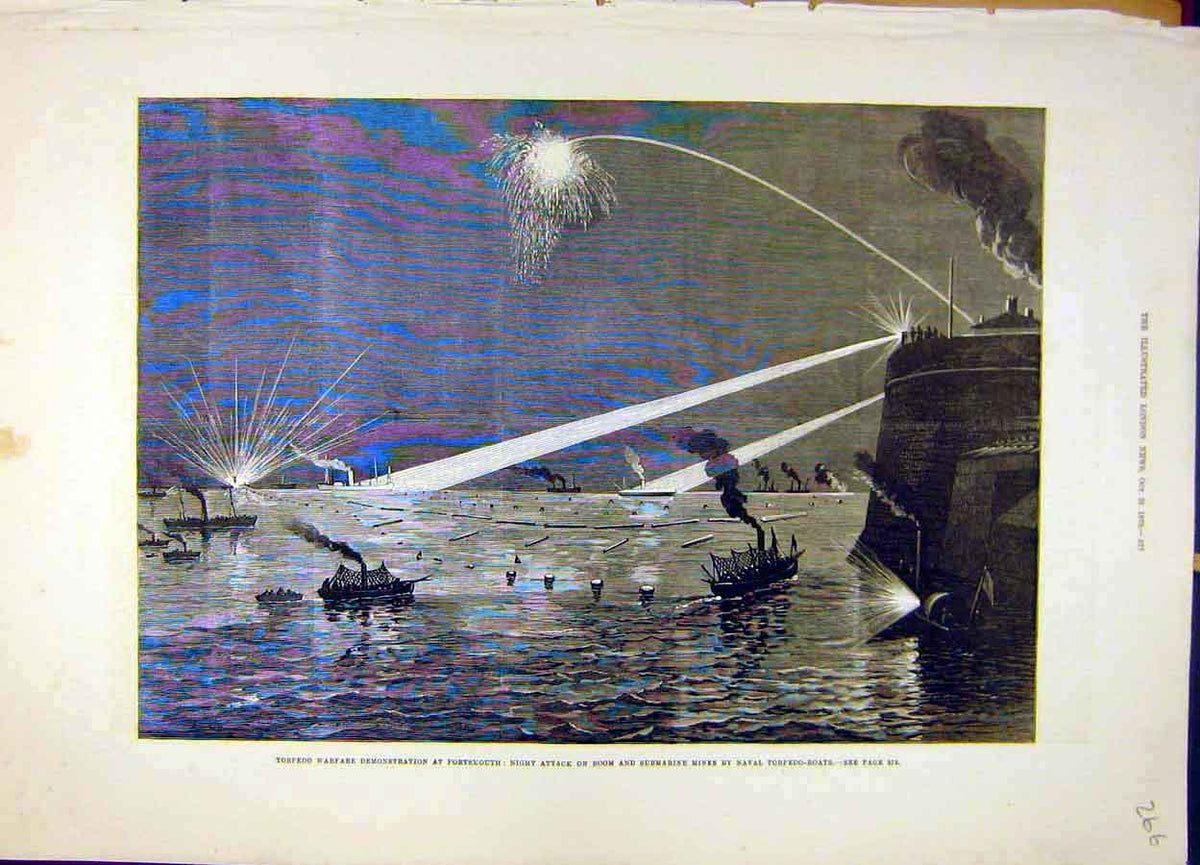 Original Old Antique Print 1879 Torpedo Warfare Portsmouth Submarine Mines Naval