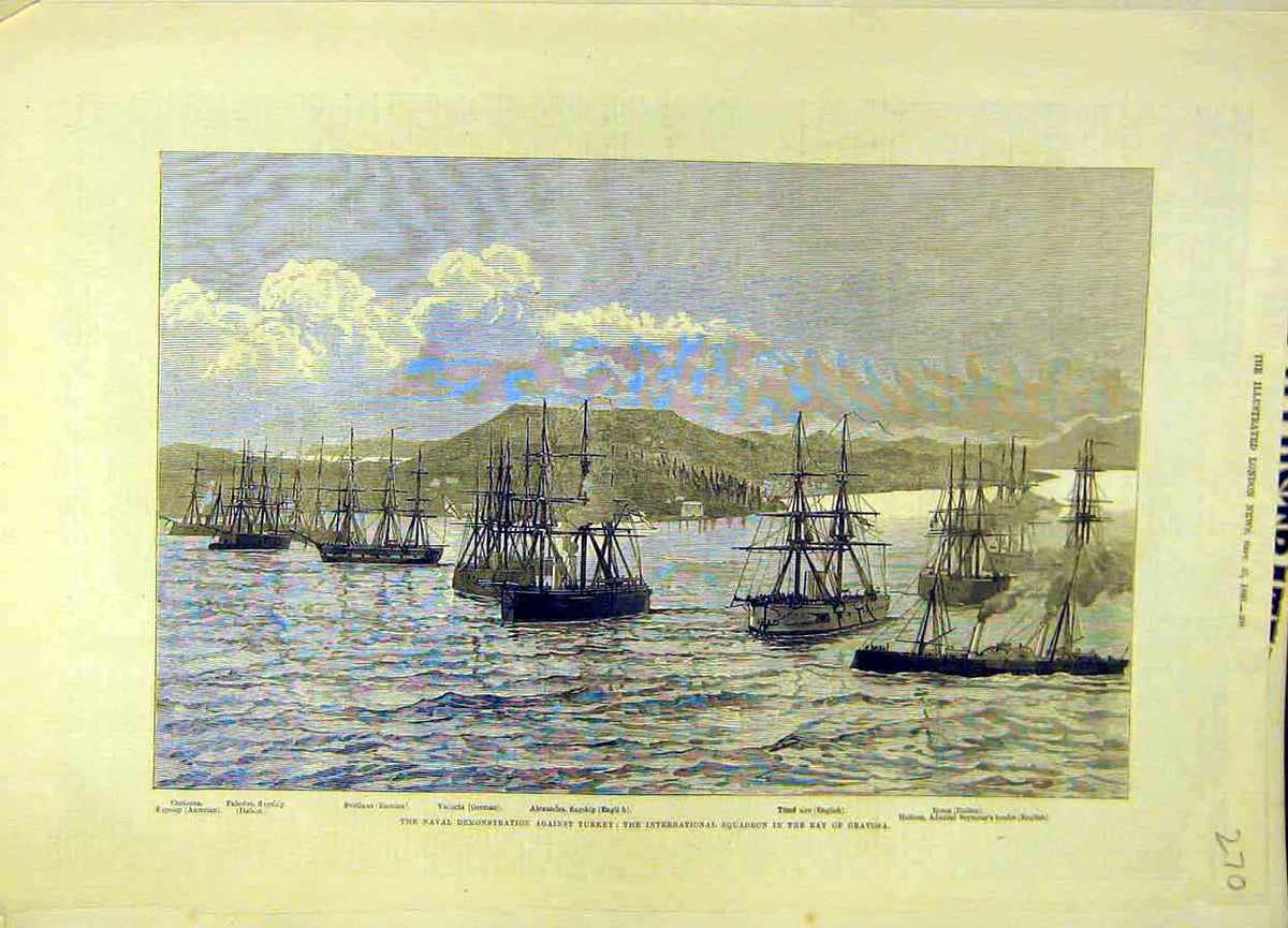 Original Old Antique Print 1880 Naval Turkey Squadron Bay Gravosa Alexandra Hms